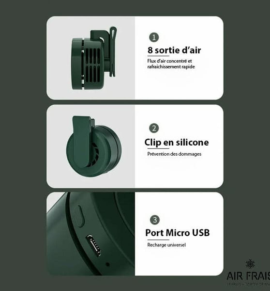 AirFrais Mini-Clip | Ventilateur de ceinture et de poche | 900mAh, USB, 3 vitesse